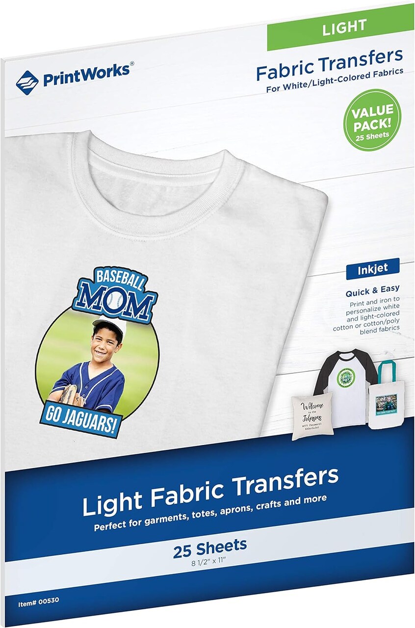 Printworks Light T-Shirt Transfers for Inkjet Printers, 25 Sheets, 8 ½” x 11” (00530)
